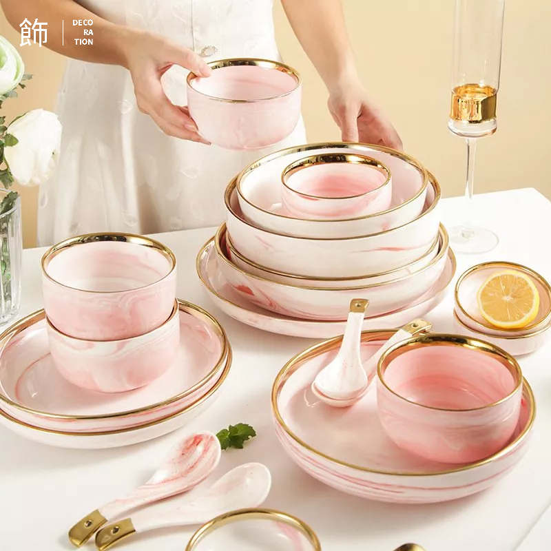 「滿額免運」ins風高檔金邊陶瓷餐具 粉色大理石紋碗盤碟套組 少女心餐碗餐盤 優選品質