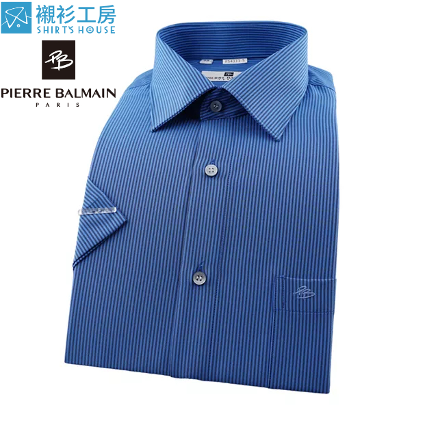 皮爾帕門pb藍黑色細條相間、顯瘦穩重、一般版型短袖襯衫54333-05 -襯衫工房
