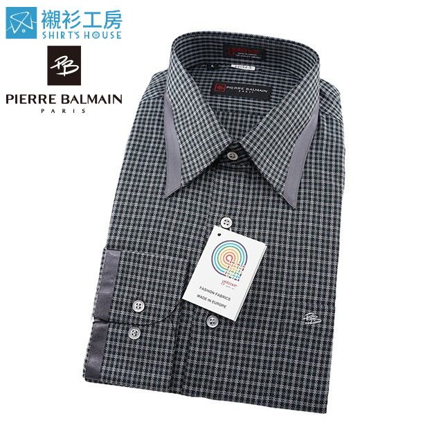 皮爾帕門pb黑色細格紋、領面克夫滾條變化、超值進口素材寬鬆版長袖襯衫64194-09-襯衫工房