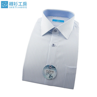 SHIRT'S HOUSE 白底藍色細條 領座配布 清涼節能特殊材質合身長袖襯衫86103-02-襯衫工房