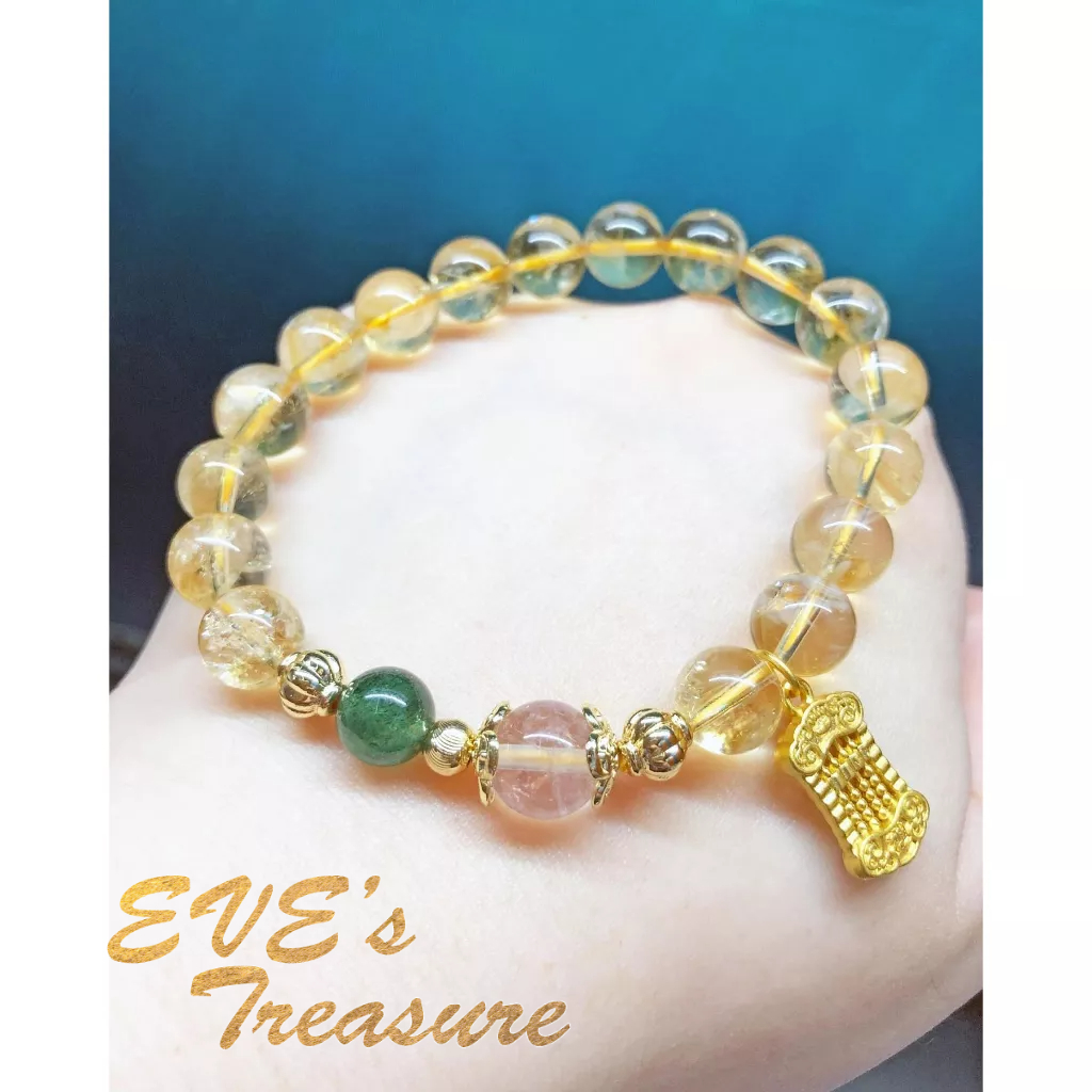 🌿Eve's Treasure🌿～招財金算盤✨無燒黃水晶 ‧ 薰衣草紫水晶 ‧ 綠草莓晶~14K包金手環