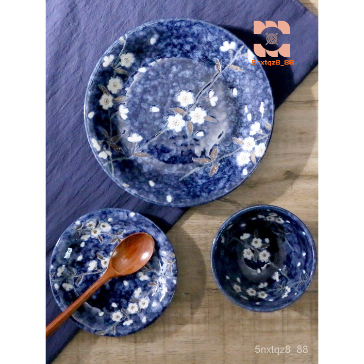[優品藝術｜日式風]日本進口田園風餐具藍色雪櫻花陶瓷日式米飯碗斗笠碗一家三口碗