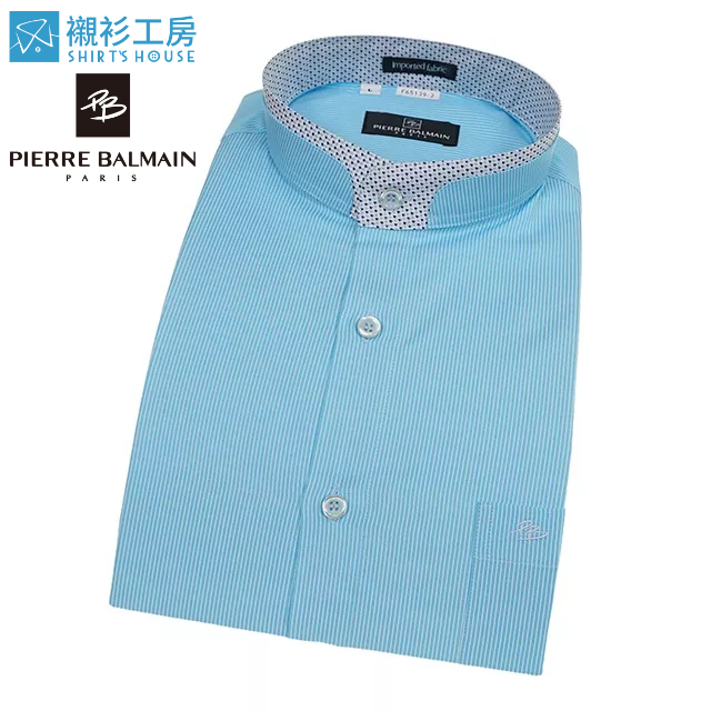 皮爾帕門pb明亮土耳其藍色細條立領、領面奇巧變化、年輕朝氣合身長袖襯衫65139-02-襯衫工房