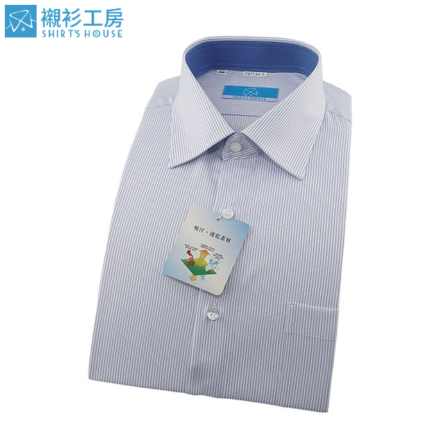 SHIRT'S HOUSE白底藍色細條紋、領座配布、吸汗速乾特殊材質合身長袖襯衫87144-02-襯衫工房
