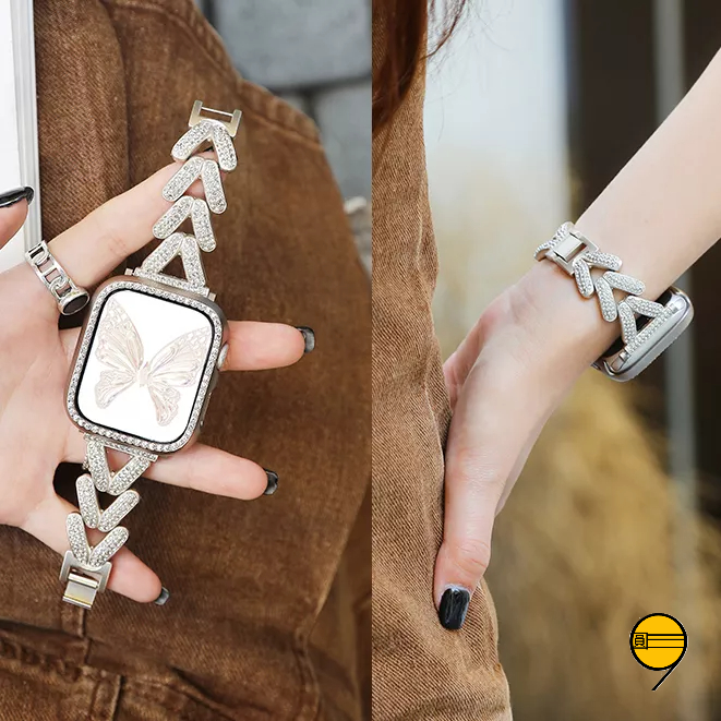 愛心鑲鑽 金屬不鏽鋼錶帶 適用 Apple Watch 9 錶帶 8 7 6 5 SE 蘋果手錶錶帶 41mm 45mm
