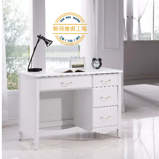 【新荷傢俱工場】Y 562 新古典立體雕刻白色3.5尺書桌 法式白色桌 辦公桌
