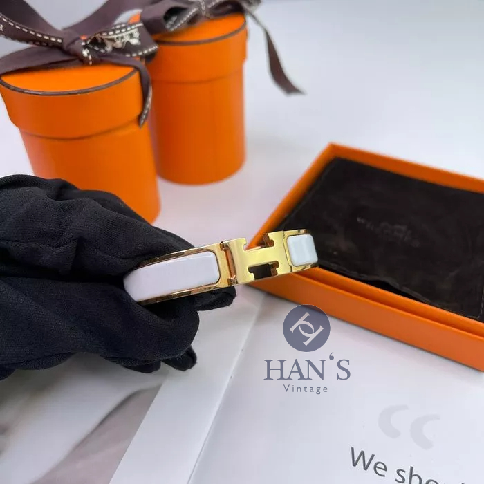 HAN's ⧓ 98%新 真品 HERMES Clic H LOGO 白色配 玫瑰金 琺瑯 細版 手環 PM