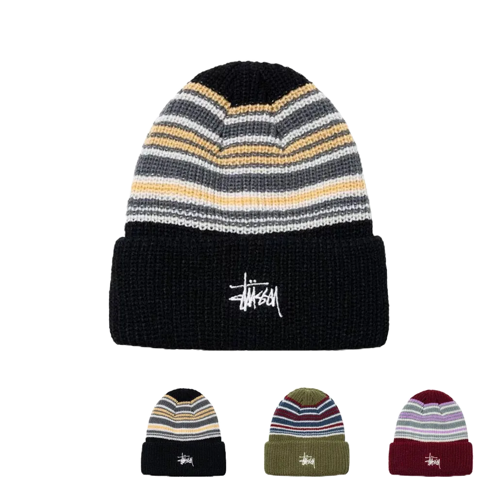 STUSSY STRIPED CUFF BEANIE 毛帽 多色 條紋 粗針 針織毛線帽 反摺毛帽 情侶帽【TCC】