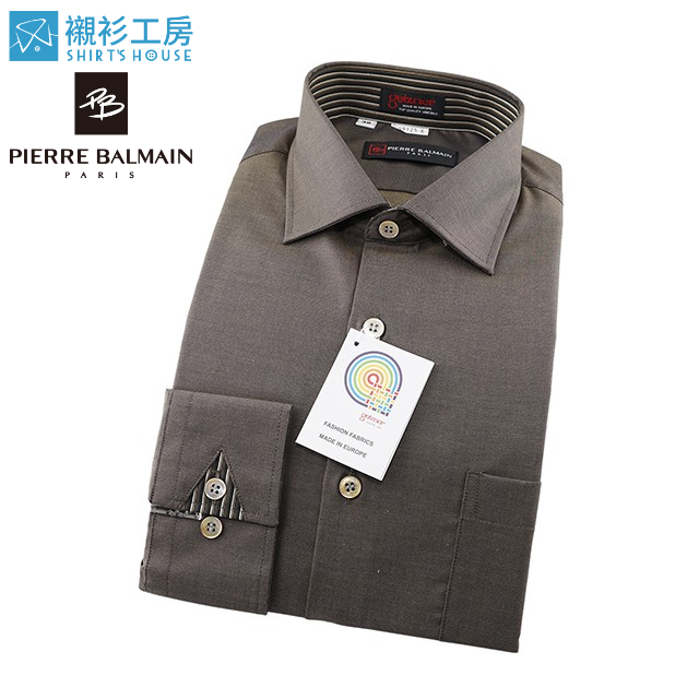皮爾帕門pb棕色素面、領座配布、克夫切角變體、進口素材合身長袖襯衫69125-06-襯衫工房