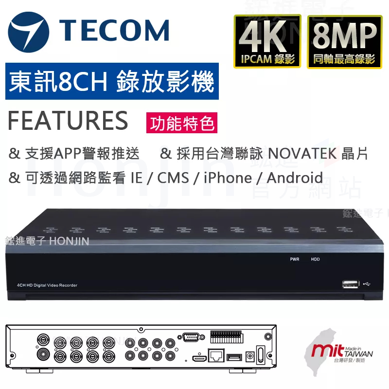 【含稅免運】東訊8路監控錄影主機 4K 8MP 台灣聯詠晶片 八路主機 遠端監看 APP警報推送TE-XSC08081