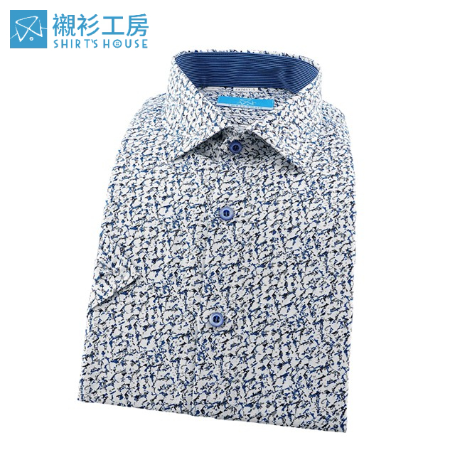 SHIRT'S HOUSE 白底藍黑色大理石紋印花 領座配布合身短袖襯衫87011-05-襯衫工房