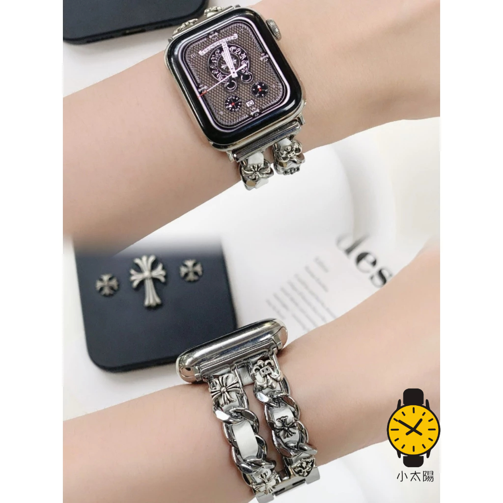 Apple watch 9代克羅心雙鏈蘋果表帶金屬皮繩雙排鏈高級表帶 42mm 44mm 45mm 男女錶帶