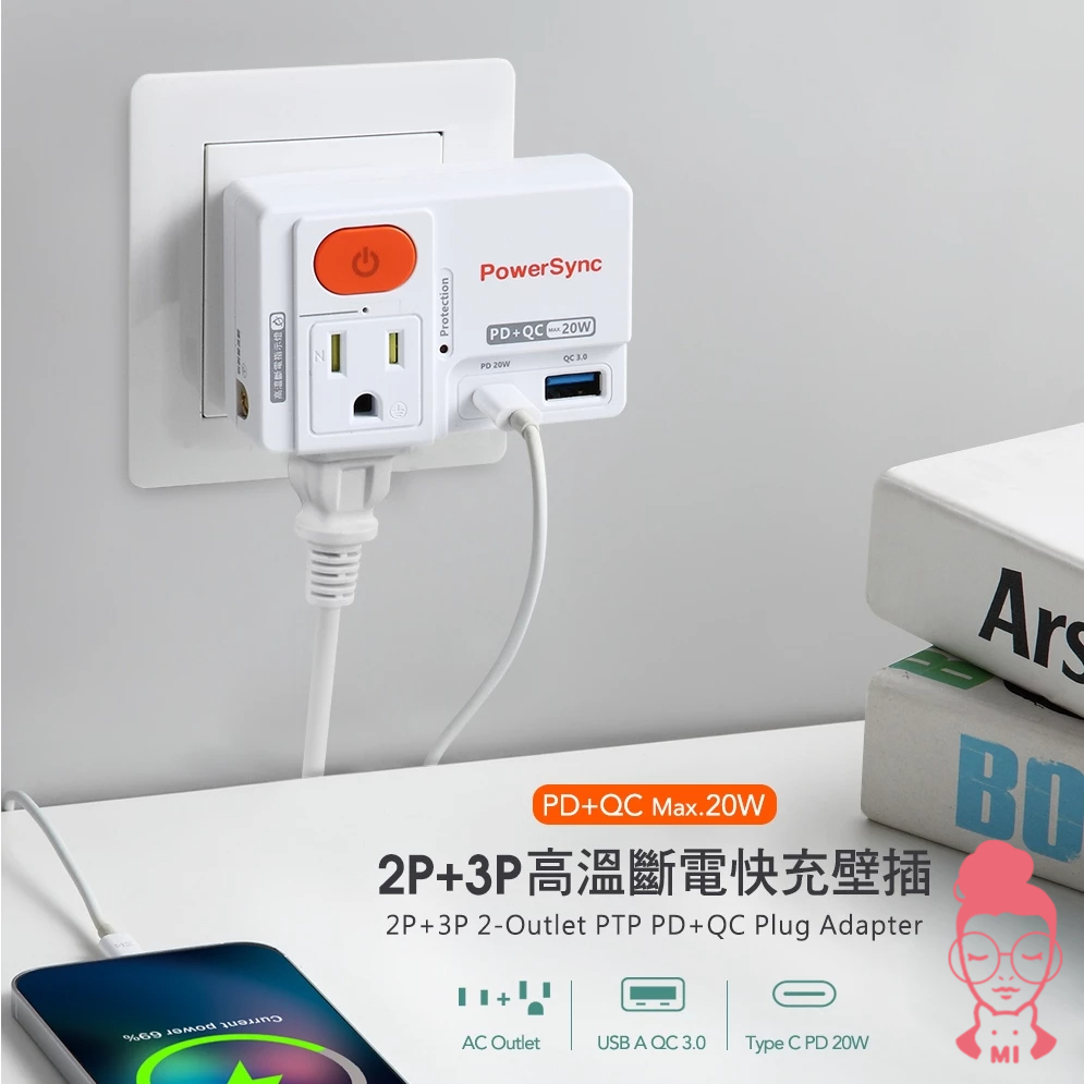 現貨 群加 PowerSync 2P+3P 1開2插 高溫斷電PD+QC快充壁插 (TCM12Q9)