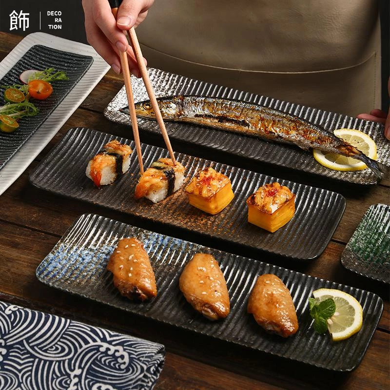 「滿額免運」日式陶瓷長方盤 創意料理盤 壽司刺身盤 酒店餐廳餐具 家用魚盤烤肉盤