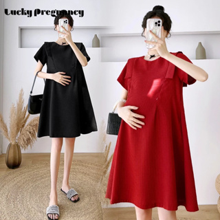 十月幸孕 哺乳洋裝 華夫格 孕婦裝 短袖 孕婦連衣裙 紅色 黑色 小飛袖 大尺碼洋裝 寬鬆 A字裙 小個子洋裝