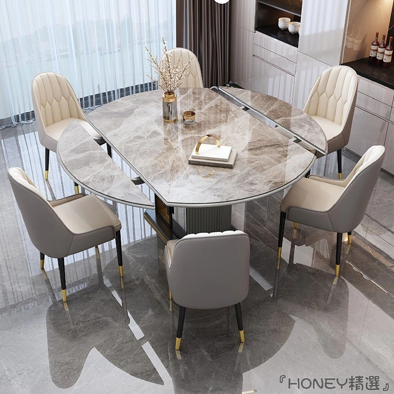『HONEY精選』岩板餐桌家用现代简约折叠圆形多功能储物可伸缩小户型饭桌椅组合
