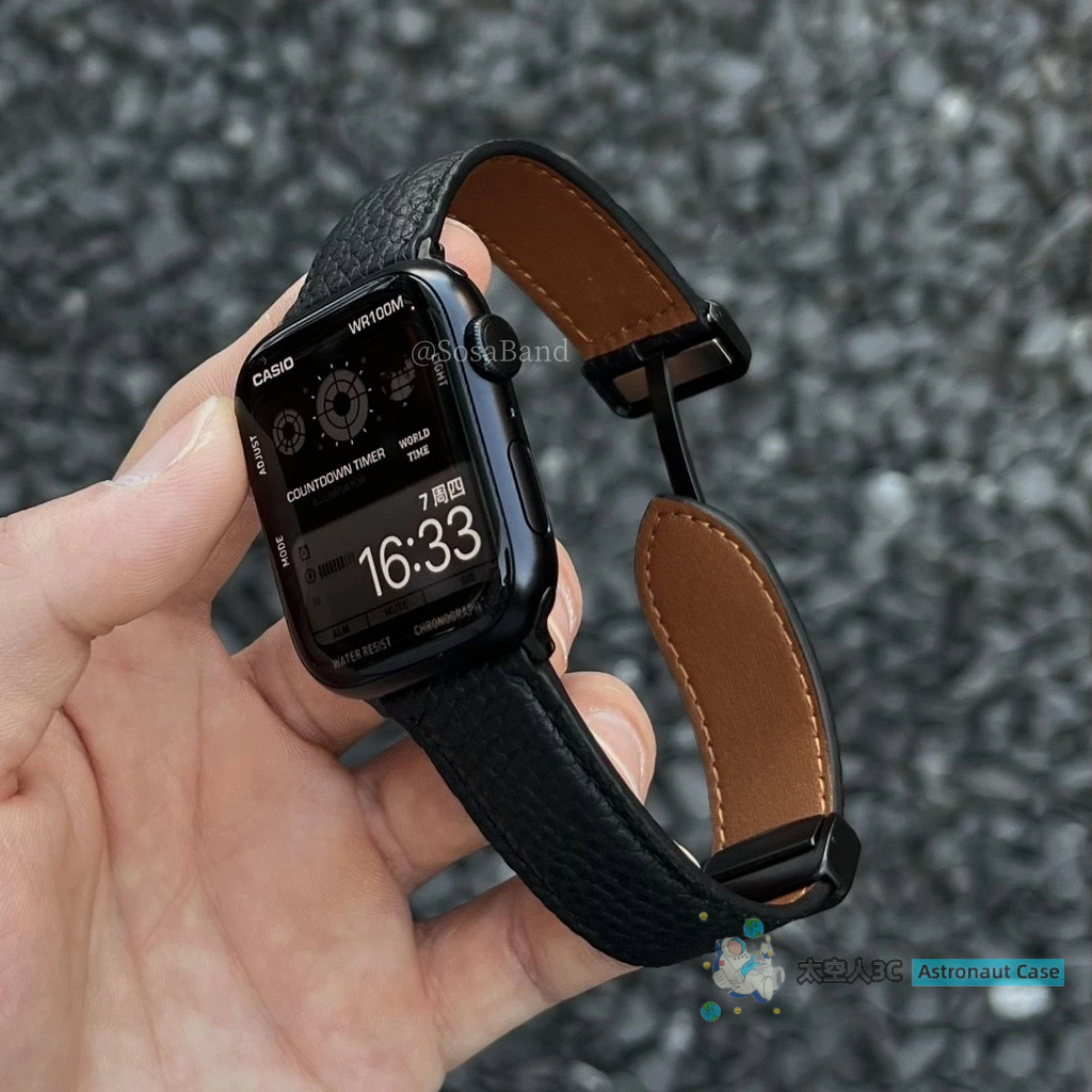 新高級全皮荔枝紋錶帶 磁吸扣錶帶 適用於蘋果手錶s9/8/7 SE2 watch6 5 4 3 applewatch錶帶