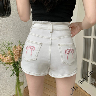 刺繡蝴蝶結高腰褲【3955】韓系INS休閒百搭甜美可愛蝴蝶結 單寧短褲 A字褲蝴蝶結短褲 高腰牛仔短褲 BonChu