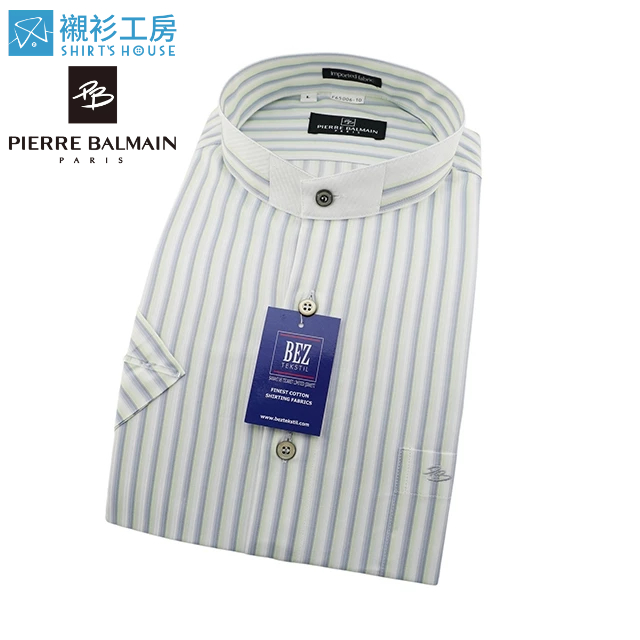 皮爾帕門pb淺綠及灰色線條立領、領面拼接設計、進口素材寬鬆版短袖襯衫65006-10-XL 襯衫工房