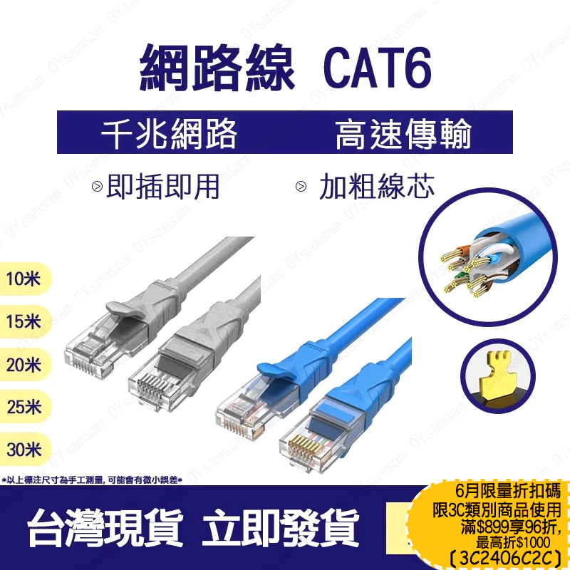 台灣現貨 網路線 CAT6 RJ45 網路線 千兆網路 CAT6 網路線1 0米/15米/20米/25米/30米