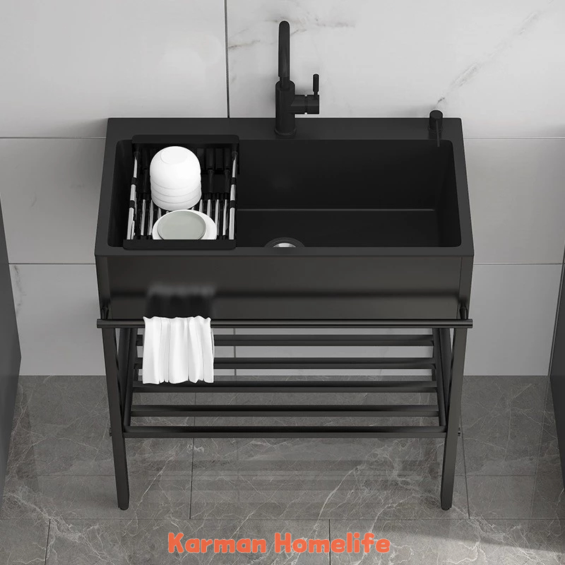 『 卡門 · KM 』落地式不鏽鋼水池 不鏽鋼水槽 流理台 洗手臺 洗碗池 黑色支架盆 納米水槽 單槽 雙槽
