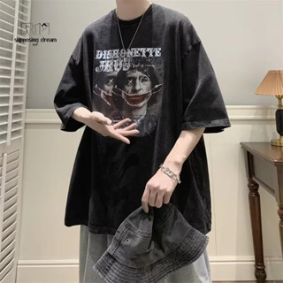 👑【若夢】👑水洗做舊短T 高街復古T恤男 圖案印花 韓版原宿風 百搭寬鬆 oversize休閒潮流上衣男女情侶裝