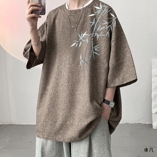 【M-5XL】冰絲薄款棉亞麻短袖 大尺碼男裝 中式短袖 國潮上衣 T恤男款夏季薄款加肥加大碼七分半袖~卓凡