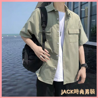 🚚免運熱銷 上衣 短袖襯衫 襯衫外套 shirt 休閒襯衫 外套 韓版 港風ins襯衫男短袖韓版純色工裝襯衣潮流夏季薄