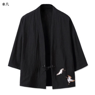 【M-5XL】國風外套 男士七分袖外套 唐裝漢服 夏薄款寬鬆日係開衫道袍 和服亞麻上衣 大碼外套～卓凡