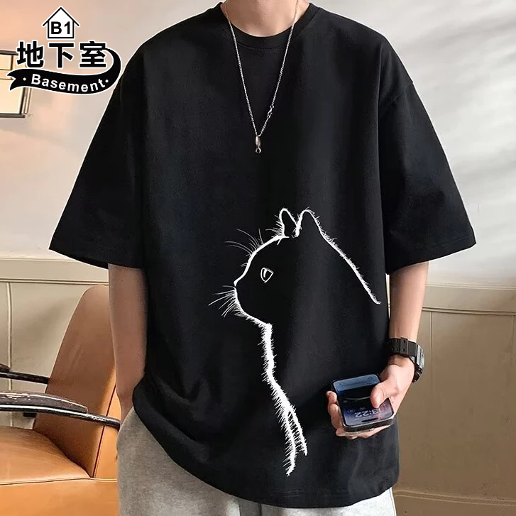 地下室B1-當天出貨▼限時特賣 短袖上衣 寬鬆仿真大貓咪短袖T恤 男裝 五分袖 男生衣服 大尺碼5XL【NL624040