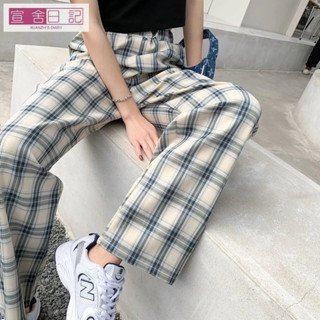 【臺灣 出貨】藍色格子褲女2025新款學生夏季薄款寬鬆闊腿褲女垂感小個子休閒褲 運動褲 休閒褲 修身褲 登山褲 跑步褲