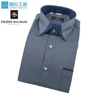 皮爾帕門pb深藍色細條紋領面拼接、口袋作變化、領座配布寬鬆長袖襯衫65115-05-襯衫工房