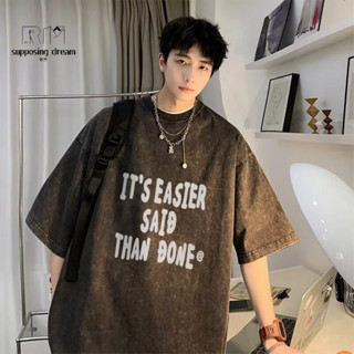 👑【若夢】👑真水洗做舊t恤 美式復古短袖上衣 重磅純棉男生情侶夏季短踢 潮流嘻哈大尺碼寬鬆落肩oversize t恤五分