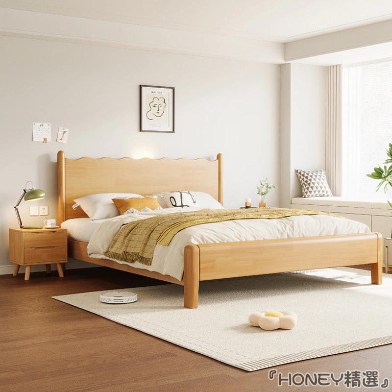 『HONEY精選』免運🚛日式全實木床波浪床雙人床1.8米床架單人床1.2小戶型原木奶油風床