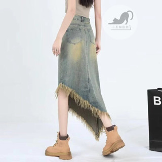 黑貓👗不規則毛邊牛仔半身裙女夏季2024新款做舊設計感百搭中長款裙子潮