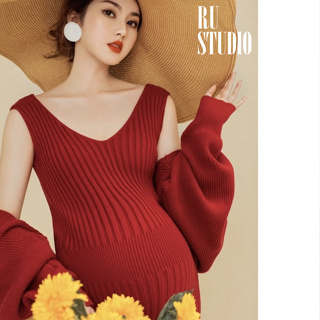 🌈24h台灣現貨🌈 孕婦寫真服裝 紅色套裝 針織洋裝 秋冬 孕婦裝 洋裝 孕婦禮服 懷孕寫真 韓國風格 新年 聖誕 過年