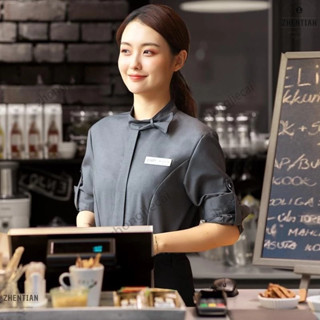 團隊制服整套 前臺制服 服務員制服員工制服 【工作制服】奶茶火鍋店西餐飲服務員工作服長袖女吧前臺收銀襯衫咖啡廳春新