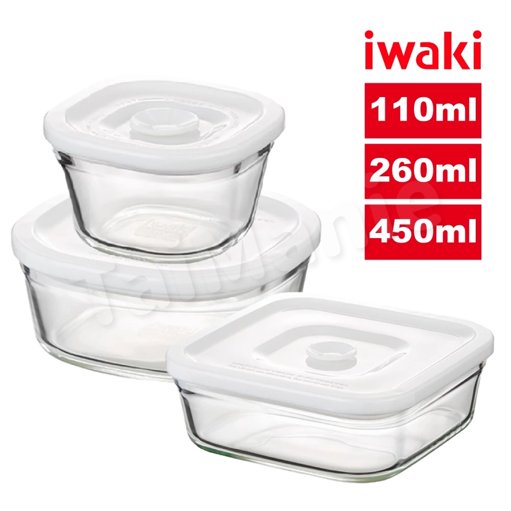 iwaki 日本品牌耐熱玻璃白蓋微波密封盒三入組(110+260+450ml)
