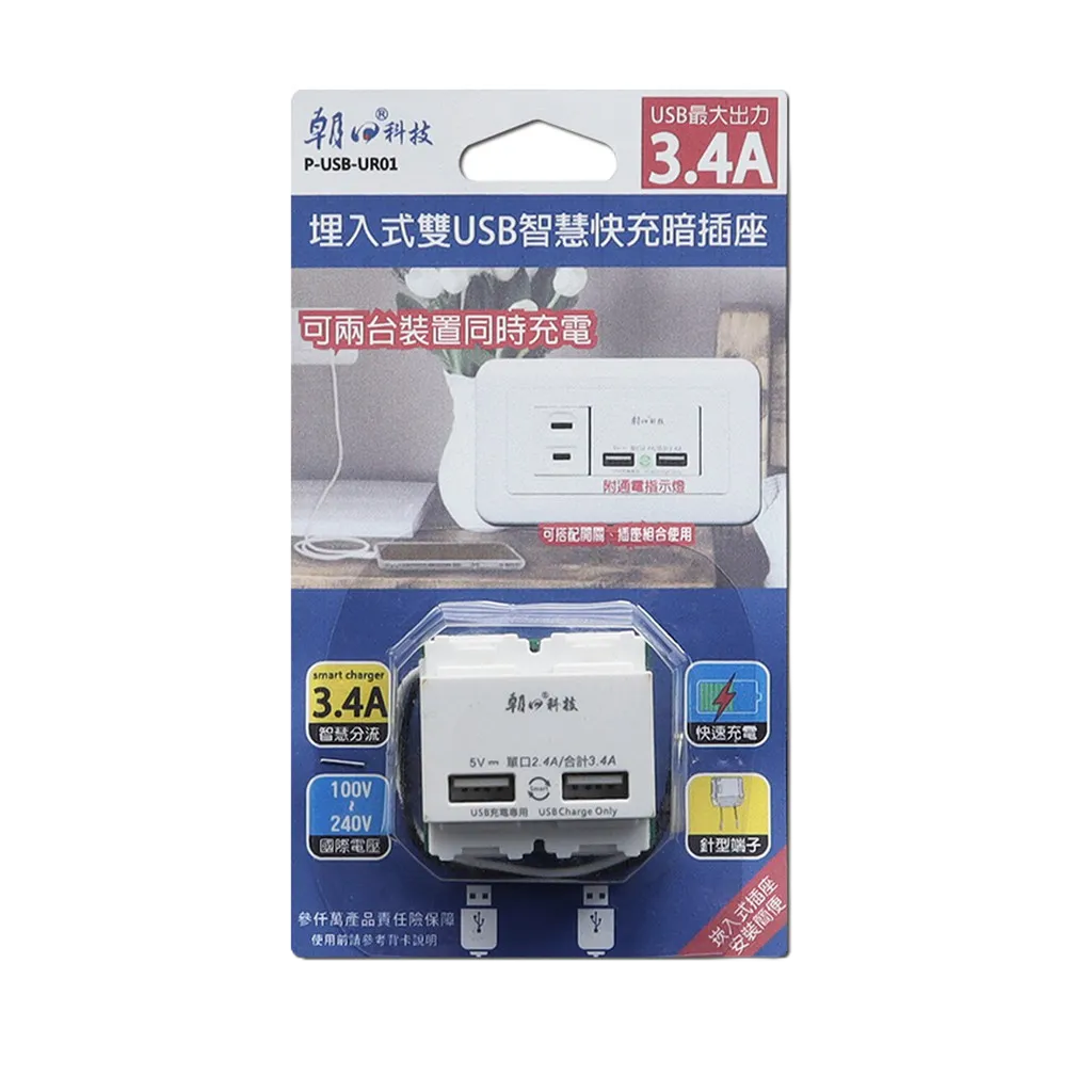 朝日電工 P-USB-UR01 埋入式雙USB智慧快充暗插座 USB座 USB模組 USB面板模組 插座模組 電源座
