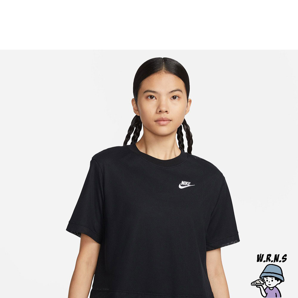 【Rennes 】Nike 女裝 短袖上衣 短版 雙層網狀 刺繡 黑 FB8353-010