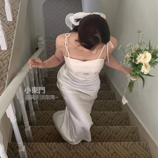 2025年夏季新款法式洋裝 連身裙 長裙 晚會禮服大尺碼 緞面高階精緻吊帶連衣裙女伴娘裙領證登記訂婚法式小眾輕奢白色裙子