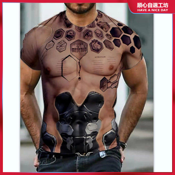 3d印花t恤 肌肉衣 搞怪衣服 猛男肌肉裝 潮男男款夏季體恤3D印花逼真肌肉紋身圖案歐美風