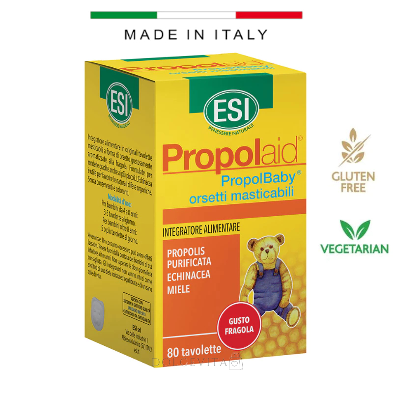 [現貨] 義大利進口 ESi PropolAid 蜂膠和紫錐菊兒童 增強 免疫力 小熊形狀 咀嚼錠 80 片