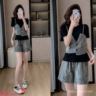 星彤精品小舖-歐貨漂亮時尚休閒套裝女新款2024夏撞色拚接短袖上衣闊腿褲兩件套