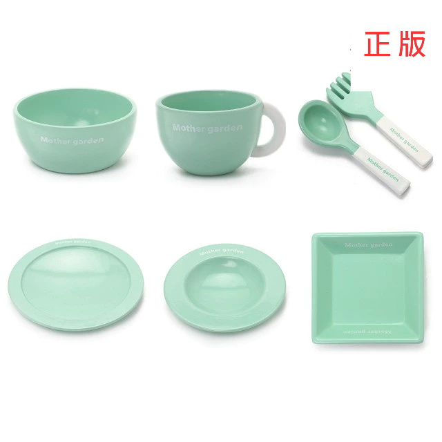 日本Mother Garden-木製家家酒玩具第一品牌 餐具-薄荷綠 沙拉碗、咖啡杯、盤、方形餐盤、圓形餐盤、湯叉組