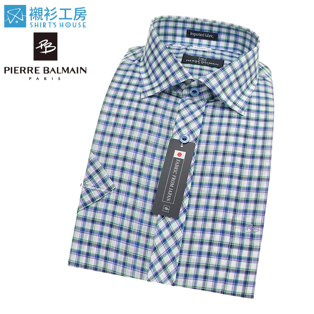 皮爾帕門pb白色底藍綠細格、門襟作斜格變化、進口布料、下擺齊支可外穿短袖襯衫67020-05-襯衫工房