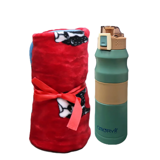 交換禮物【OMORY】法式法蘭絨動物保暖毛毯+簡約小清新大容量彈跳保冷/保溫瓶-680ml