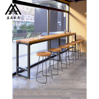 【可開發票】商用鐵藝實木靠牆高腳桌 酒吧吧檯桌 咖啡館奶茶店長條窄桌子 桌椅組合