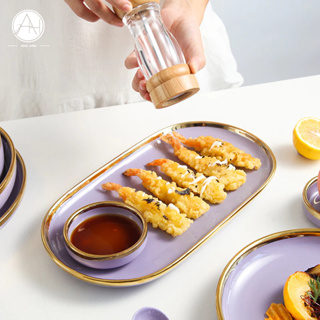 「滿額免運」北歐輕奢紫色陶瓷餐具 創意金邊碗盤 餐碗 餐盤 飯碗 湯碗 菜盤 魚盤 早餐盤 小吃盤 甜品盤