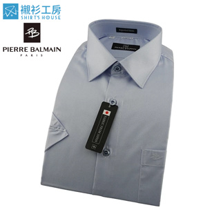 皮爾帕門pb淺藍色亮面緹花日本進口素材、上班族實穿打領帶、寬鬆短袖襯衫69005-02-襯衫工房